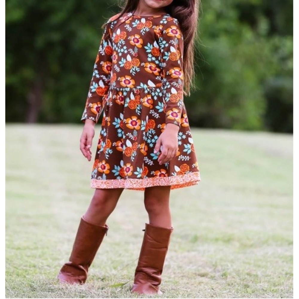 Ann Loren Thankful Dress Girls Size 6 Fall Floral Long Sleeve Cotton Knit Casual